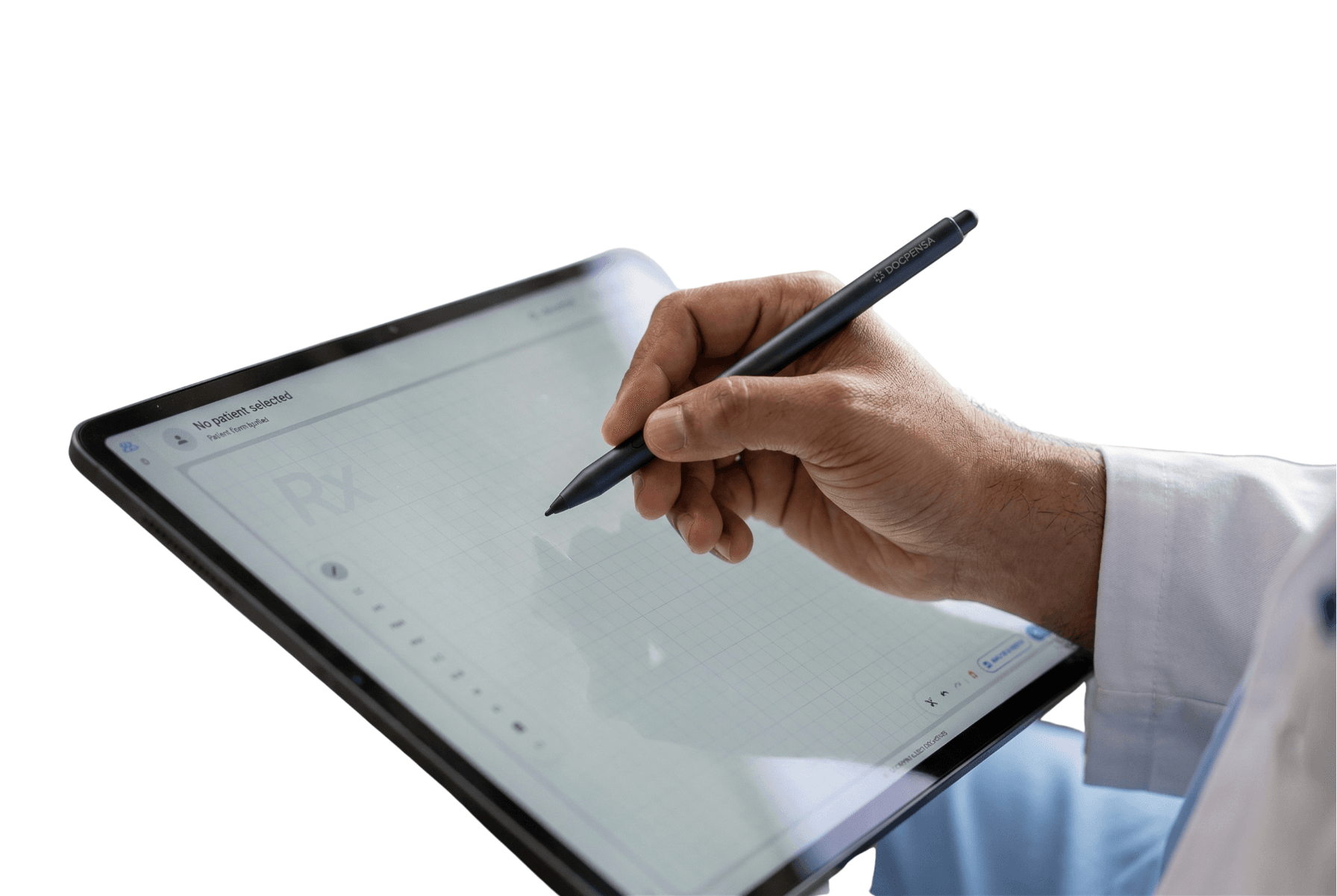 Docpensa prescribing interface showing handwriting recognition on a digital prescription form